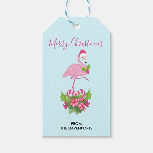 Pink Flamingo in Santa Hat Whimsical Christmas Gift Tags