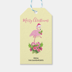Pink Flamingo in Santa Hat Whimsical Christmas Gift Tags