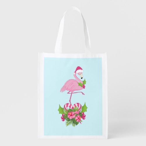 Pink Flamingo in Santa Hat Whimsical Christmas Grocery Bag