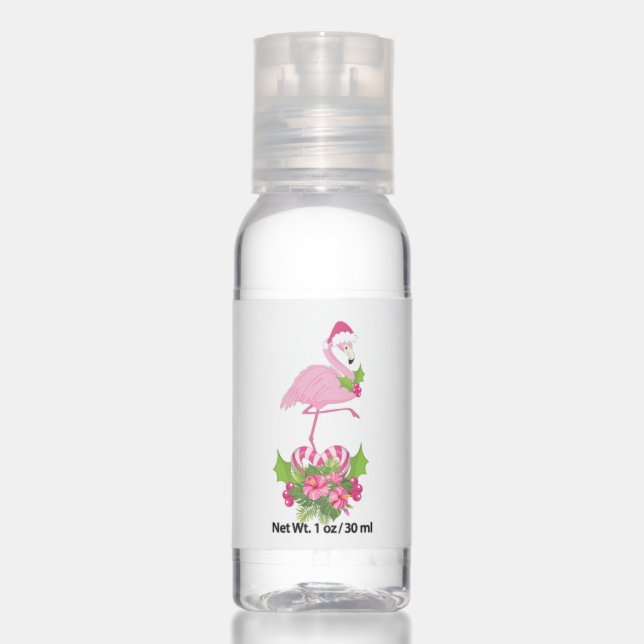 Pink Flamingo in Santa Hat Whimsical Christmas Hand Sanitizer (Front)
