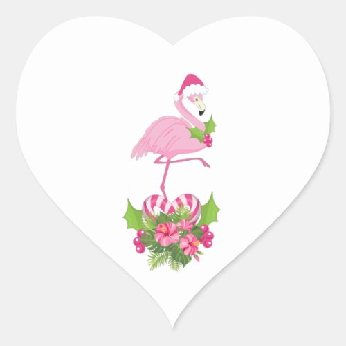 Pink Flamingo in Santa Hat Whimsical Christmas Heart Sticker