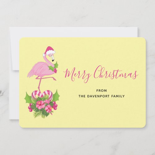 Pink Flamingo in Santa Hat Whimsical Christmas Holiday Card