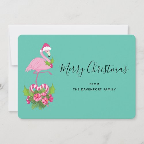 Pink Flamingo in Santa Hat Whimsical Christmas Holiday Card