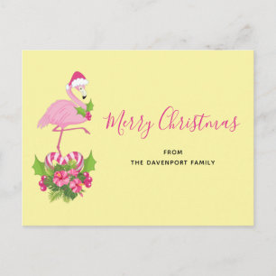 Pink Flamingo in Santa Hat Whimsical Christmas Holiday Postcard