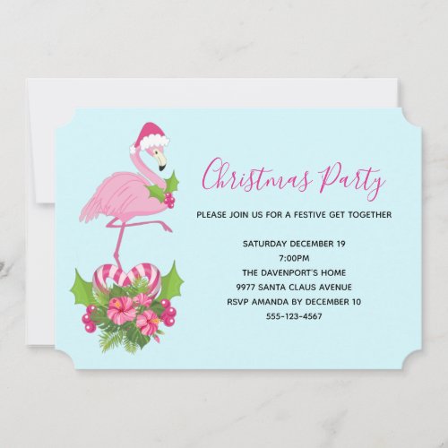 Pink Flamingo in Santa Hat Whimsical Christmas Invitation