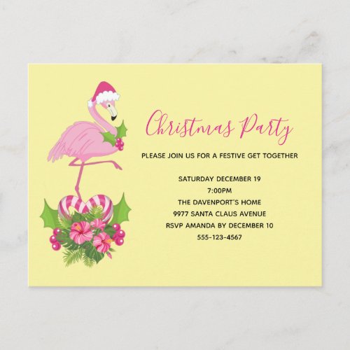 Pink Flamingo in Santa Hat Whimsical Christmas Invitation Postcard