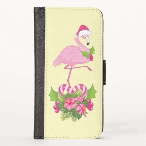 Pink Flamingo in Santa Hat Whimsical Christmas iPhone X Wallet Case