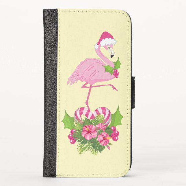 Pink Flamingo in Santa Hat Whimsical Christmas iPhone Wallet Case (Front)
