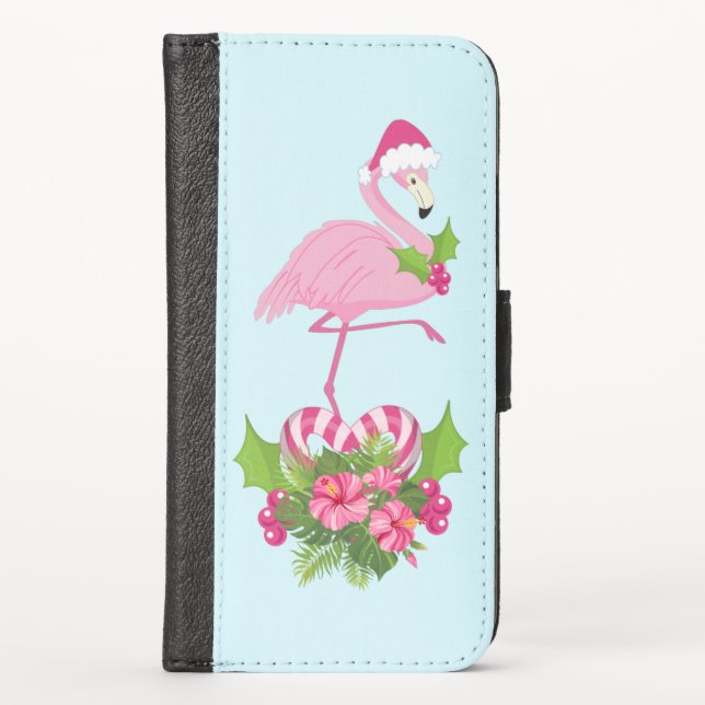 Pink Flamingo in Santa Hat Whimsical Christmas iPhone Wallet Case (Front)