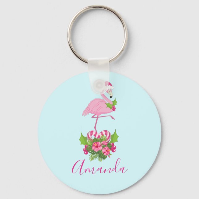 Pink Flamingo in Santa Hat Whimsical Christmas Keychain (Front)