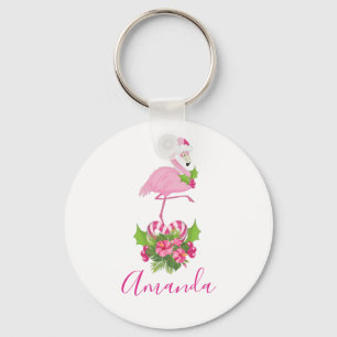 Pink Flamingo in Santa Hat Whimsical Christmas Keychain