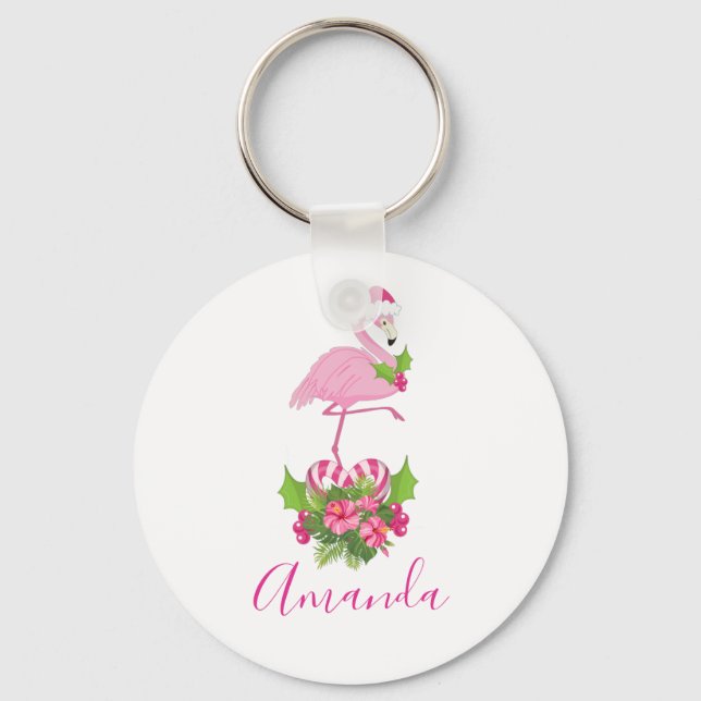 Pink Flamingo in Santa Hat Whimsical Christmas Keychain (Front)