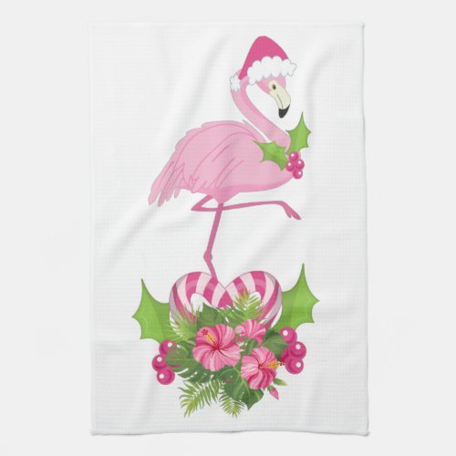 Pink Flamingo in Santa Hat Whimsical Christmas Kitchen Towel