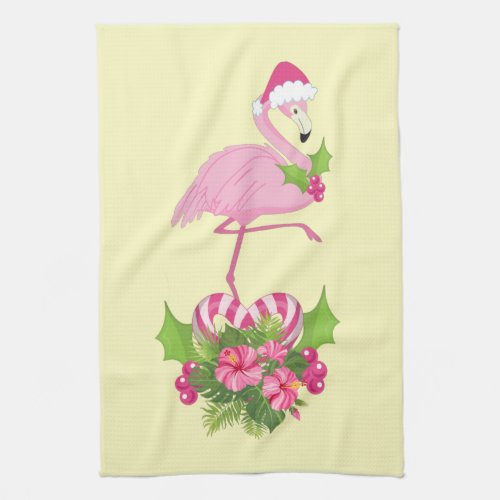 Pink Flamingo in Santa Hat Whimsical Christmas Kitchen Towel
