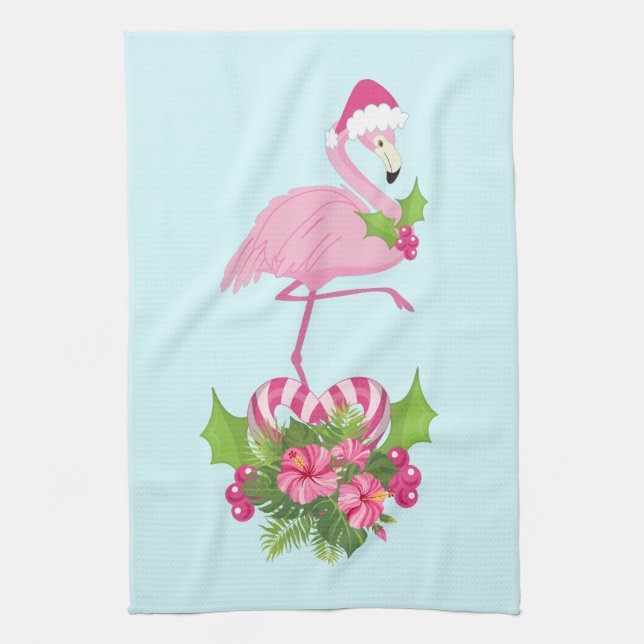 Pink Flamingo in Santa Hat Whimsical Christmas Kitchen Towel (Vertical)
