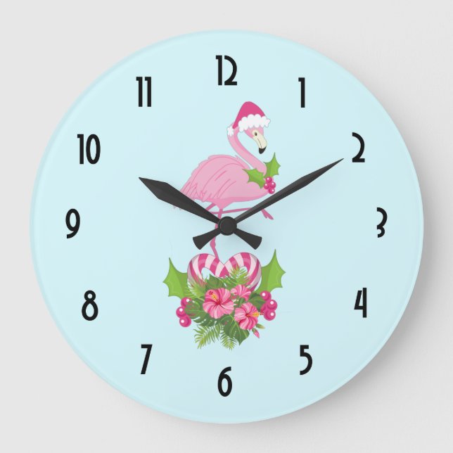 Pink Flamingo in Santa Hat Whimsical Christmas Large Clock (Front)