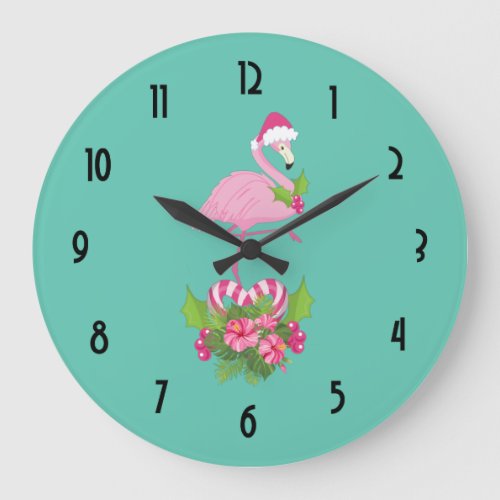 Pink Flamingo in Santa Hat Whimsical Christmas Large Clock