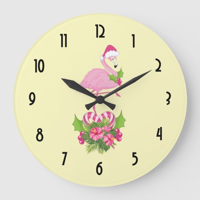 Pink Flamingo in Santa Hat Whimsical Christmas Large Clock (Front)
