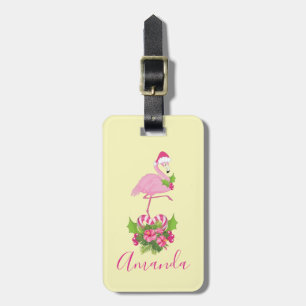 Pink Flamingo in Santa Hat Whimsical Christmas Luggage Tag