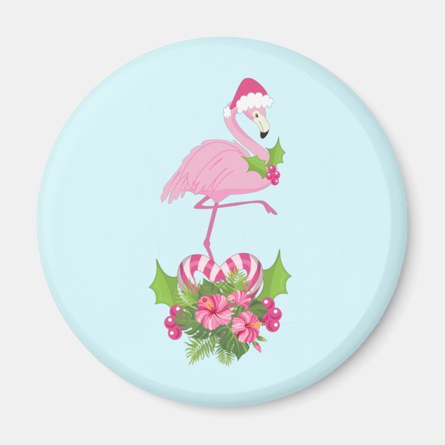 Pink Flamingo in Santa Hat Whimsical Christmas Magnet (Front)