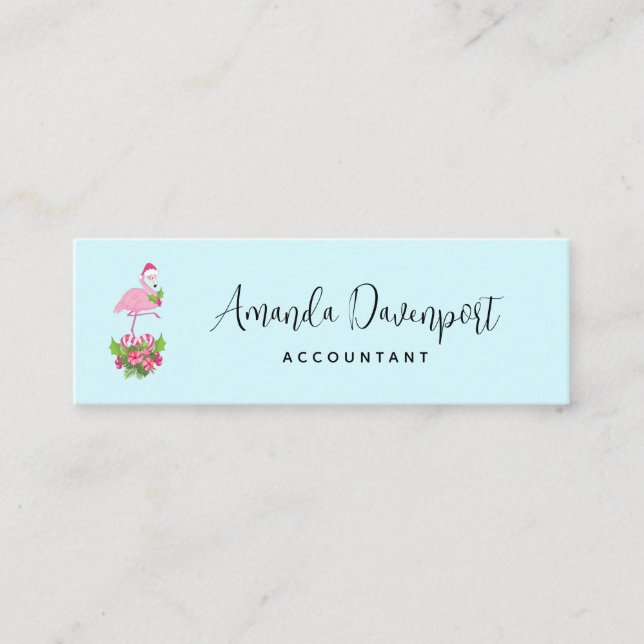 Pink Flamingo in Santa Hat Whimsical Christmas Mini Business Card (Front)