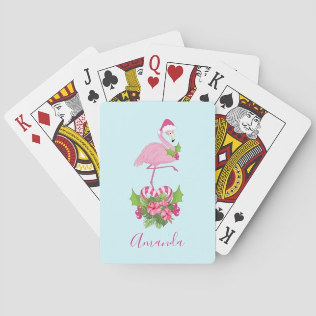 Pink Flamingo in Santa Hat Whimsical Christmas Poker Cards (Back)
