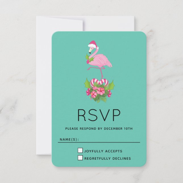 Pink Flamingo in Santa Hat Whimsical Christmas RSVP Card (Front)