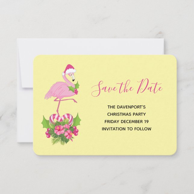 Pink Flamingo in Santa Hat Whimsical Christmas Save The Date (Front)
