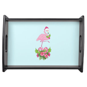 Pink Flamingo in Santa Hat Whimsical Christmas Serving Tray