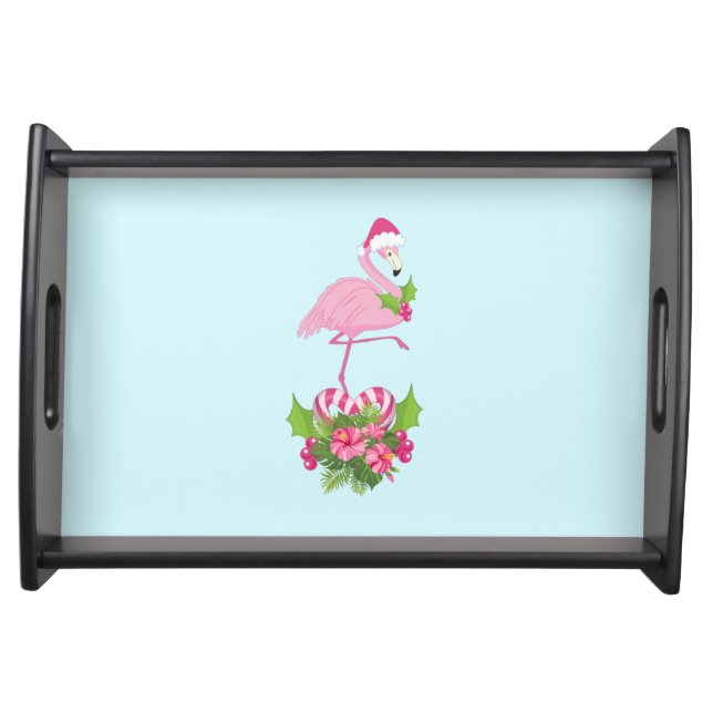 Pink Flamingo in Santa Hat Whimsical Christmas Serving Tray (Front)