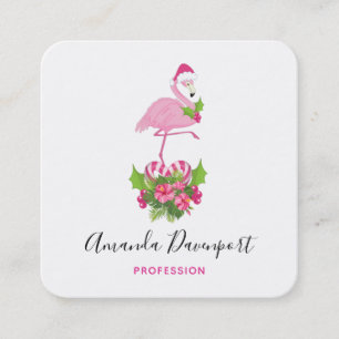Pink Flamingo in Santa Hat Whimsical Christmas Square Business Card