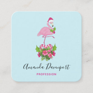 Pink Flamingo in Santa Hat Whimsical Christmas Square Business Card