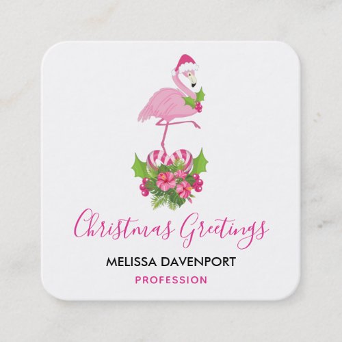 Pink Flamingo in Santa Hat Whimsical Christmas Square Business Card
