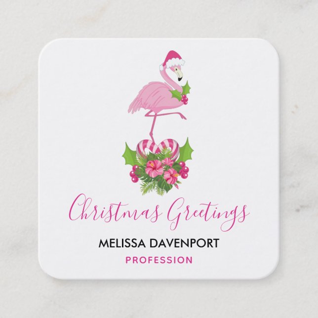 Pink Flamingo in Santa Hat Whimsical Christmas Square Business Card (Front)