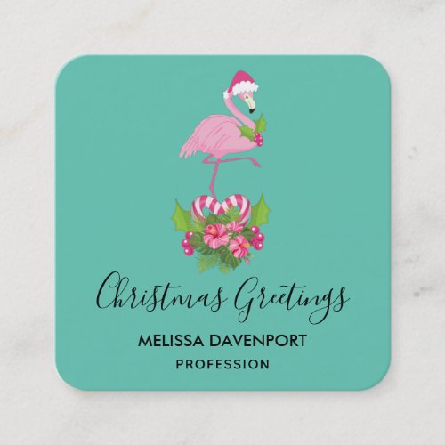 Pink Flamingo in Santa Hat Whimsical Christmas Square Business Card