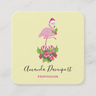 Pink Flamingo in Santa Hat Whimsical Christmas Square Business Card