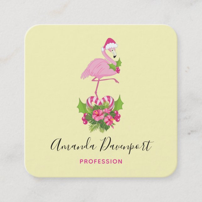 Pink Flamingo in Santa Hat Whimsical Christmas Square Business Card (Front)