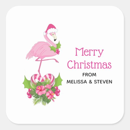 Pink Flamingo in Santa Hat Whimsical Christmas Square Sticker