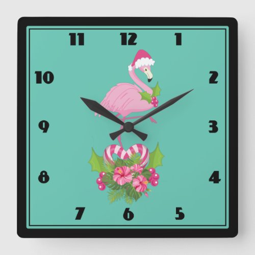 Pink Flamingo in Santa Hat Whimsical Christmas Square Wall Clock