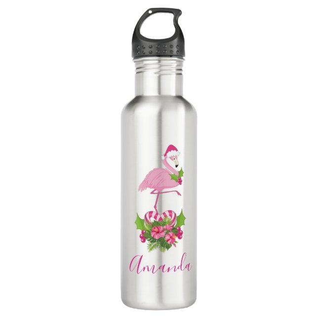 Pink Flamingo in Santa Hat Whimsical Christmas Stainless Steel Water Bottle (Front)