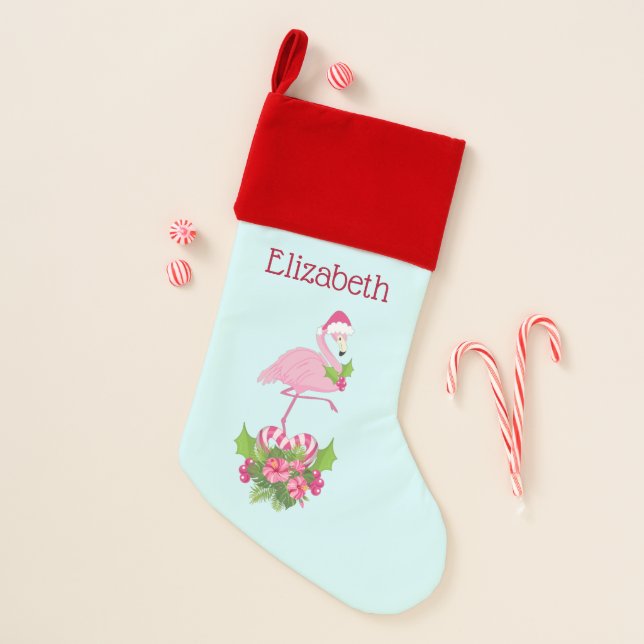 Pink Flamingo in Santa Hat Whimsical Christmas Stocking (Front)