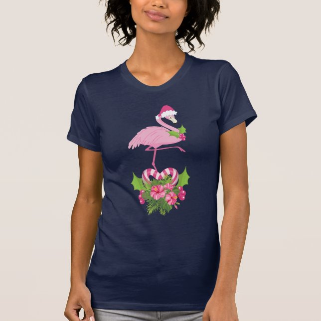 Pink Flamingo in Santa Hat Whimsical Christmas T-Shirt (Front)