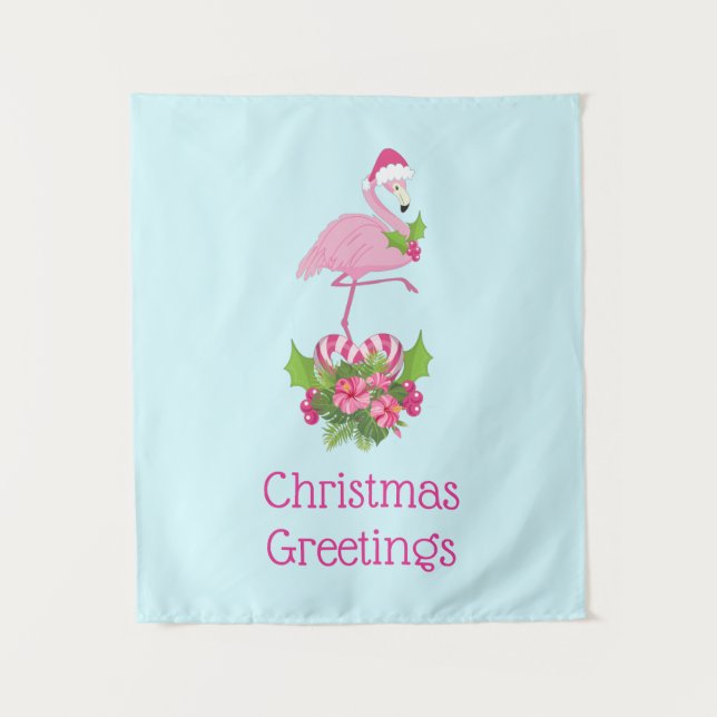 Pink Flamingo in Santa Hat Whimsical Christmas Tapestry (Front)