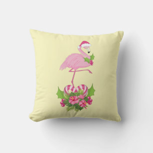 Pink Flamingo in Santa Hat Whimsical Christmas Throw Pillow