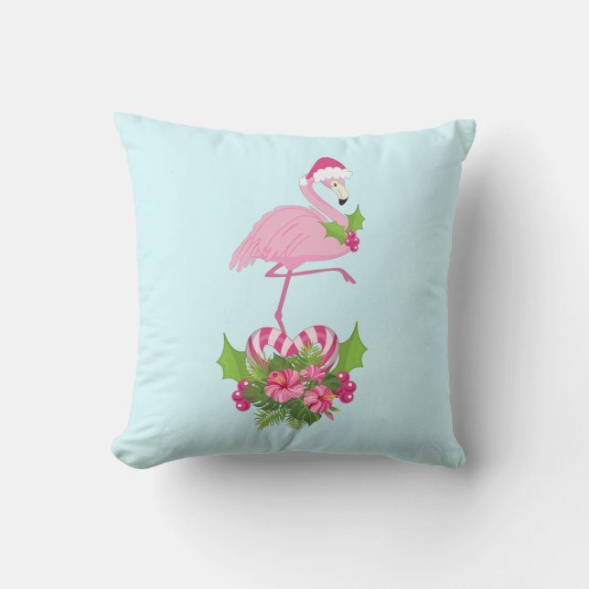 Pink Flamingo in Santa Hat Whimsical Christmas Throw Pillow (Front)
