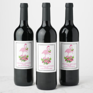 Pink Flamingo in Santa Hat Whimsical Christmas Wine Label