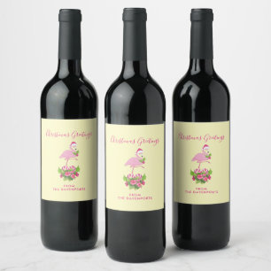 Pink Flamingo in Santa Hat Whimsical Christmas Wine Label