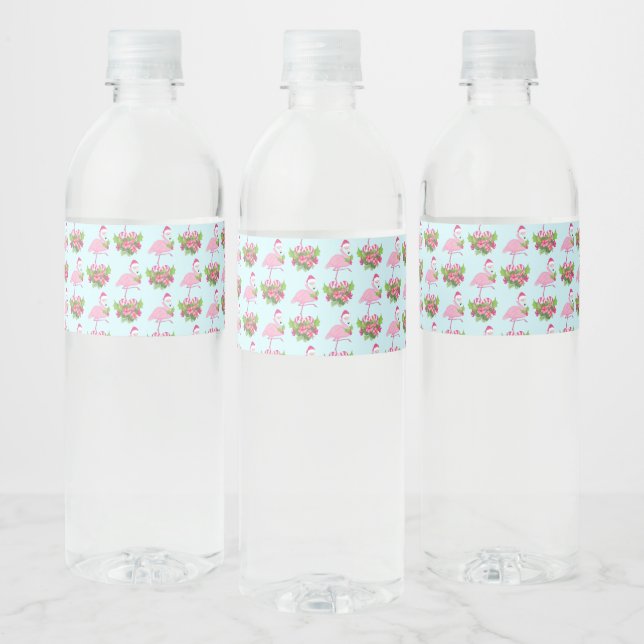 Pink Flamingo in Santa Hat Whimsical Pattern Water Bottle Label (Bottles)
