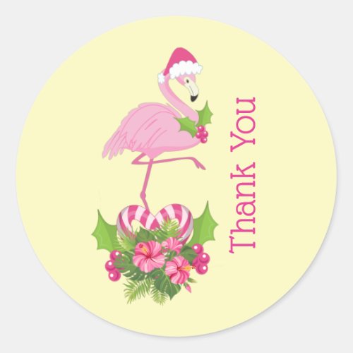 Pink Flamingo in Santa Hat Whimsical Thank You Classic Round Sticker