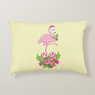 Pink Flamingo in Santa Hat with Candy Cane Bouquet Accent Pillow